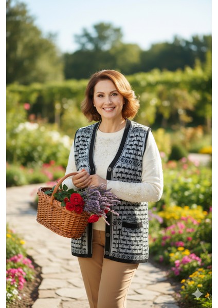 Kadın Kışlık Anne Yelek Pamuklu Triko Örme Şirin Simli Önden Düğmeli Çift Cepli Rahat Kesim indirimleri