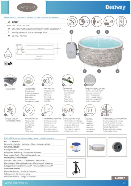 Lay-Z-Spa® 60027 Vancouver Airjet Plus™ Şişme Spa Havuzu, Mobil Uygulama Kontrollü, 3-5 Kişilik