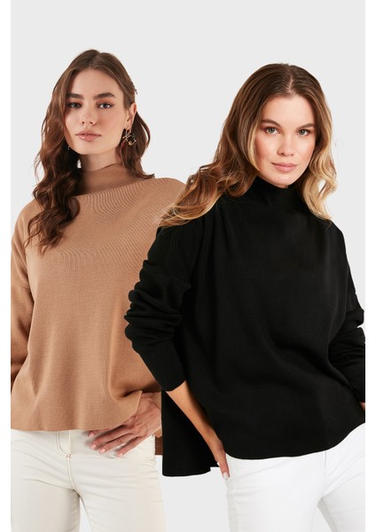 Pamuklu Arkası Uzun Dik Yaka 2'li Paket Triko Kazak Bayan Kazak 4615002S2