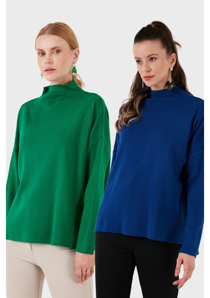 Pamuklu Arkası Uzun Dik Yaka 2'li Paket Triko Kazak Bayan Kazak 4615002S2