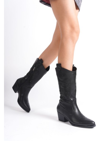 El Yapımı Siyah Topuklu Kadın Fermuarlı Kovboy Çizme Sivri Burunlu Nakış Desen Detaylı Cilt fırsatları