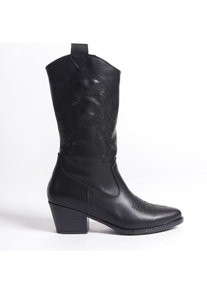 El Yapımı Siyah Topuklu Kadın Fermuarlı Kovboy Çizme Sivri Burunlu Nakış Desen Detaylı Cilt indirimleri
