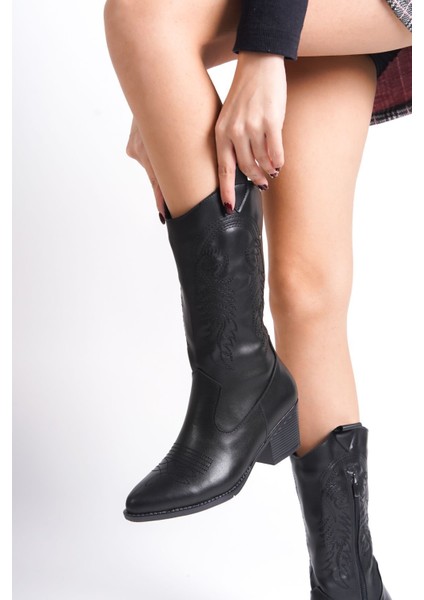 El Yapımı Siyah Topuklu Kadın Fermuarlı Kovboy Çizme Sivri Burunlu Nakış Desen Detaylı Cilt