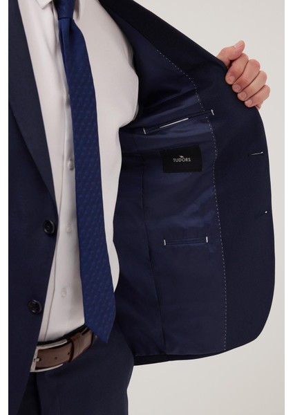 Erkek Slim Fit Mono Yaka Koyu Lacivert Takım Elbise