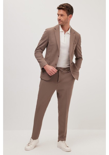 Erkek Regular Fit Vizon Esnek Likralı Kumaş Mono Yaka Torba Cepli Takım Elbise