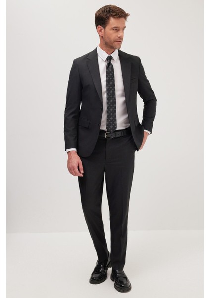 Erkek Regular Fit Esnek Likralı Kumaş Mono Yaka Kapaklı Cepli siyah Takım Elbise