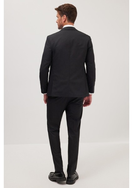 Erkek Regular Fit Esnek Likralı Kumaş Mono Yaka Kapaklı Cepli siyah Takım Elbise