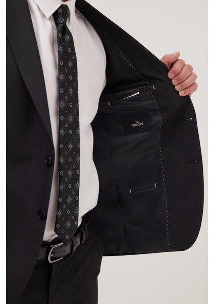 Erkek Regular Fit Esnek Likralı Kumaş Mono Yaka Kapaklı Cepli siyah Takım Elbise