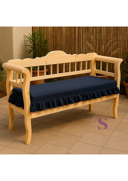El Yapımı Buldan Yıkanmıs Keten 4 Tarafı Fırfırlı Lacivert Keten Bank Minderi 110X50X5CM