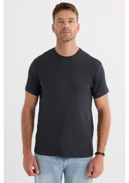 Erkek Slim Fit Dar Kesim Pamuklu Yumuşak Doku Likralı Esnek Kumaş Basic Gri Bisiklet Yaka Tişört