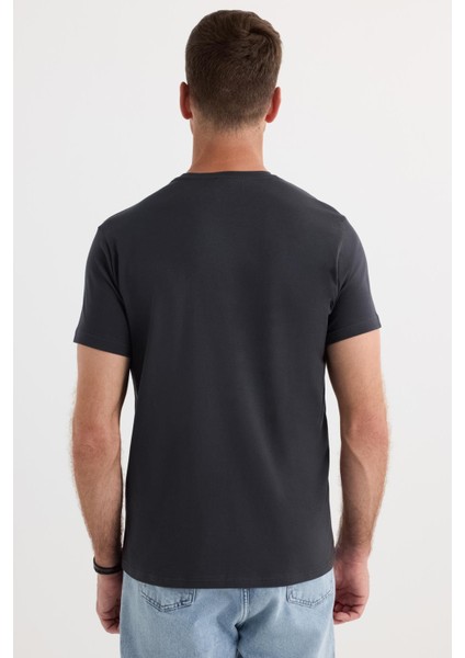 Erkek Slim Fit Dar Kesim Pamuklu Yumuşak Doku Likralı Esnek Kumaş Basic Gri Bisiklet Yaka Tişört