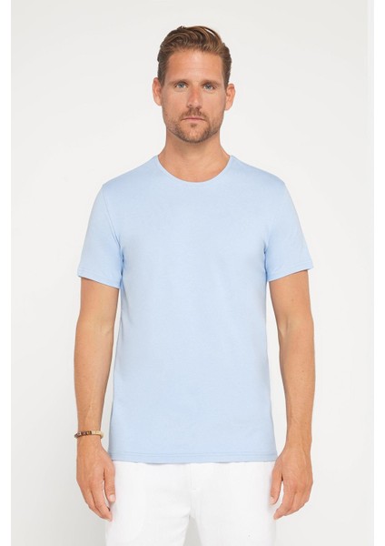 Erkek Slim Fit Dar Kesim Pamuklu Yumuşak Doku Likralı Esnek Kumaş Basic Mavi Bisiklet Yaka Tişört