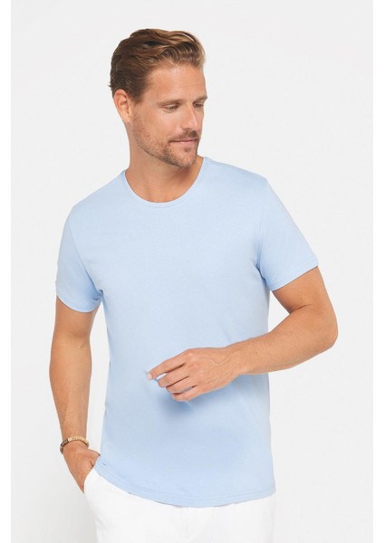 Erkek Slim Fit Dar Kesim Pamuklu Yumuşak Doku Likralı Esnek Kumaş Basic Mavi Bisiklet Yaka Tişört fırsatları