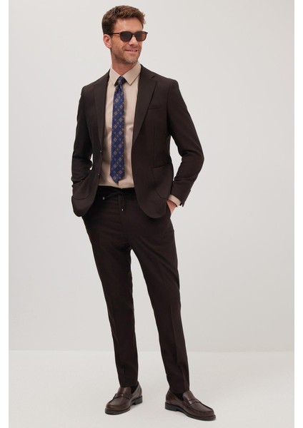 Erkek Slim Fit Mono Yaka Likralı Esnek Kumaş Kahverengi Takım Elbise