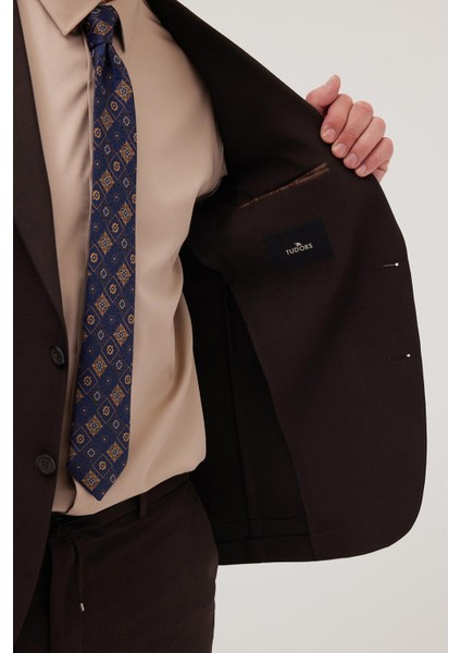 Erkek Slim Fit Mono Yaka Likralı Esnek Kumaş Kahverengi Takım Elbise modelleri