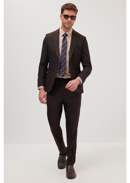 Erkek Slim Fit Mono Yaka Likralı Esnek Kumaş Kahverengi Takım Elbise fırsatları