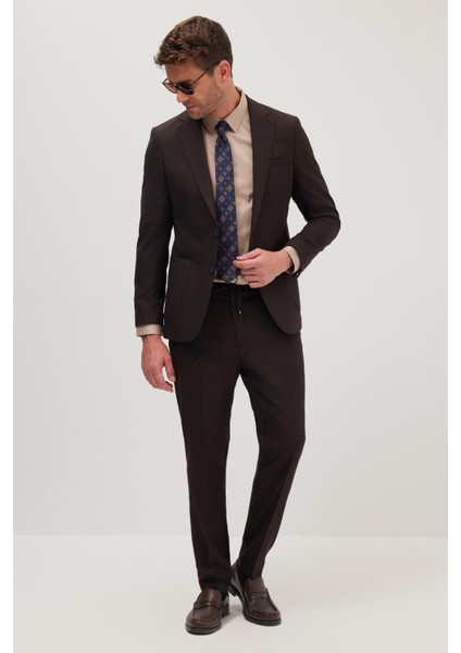 Erkek Slim Fit Mono Yaka Likralı Esnek Kumaş Kahverengi Takım Elbise indirimleri