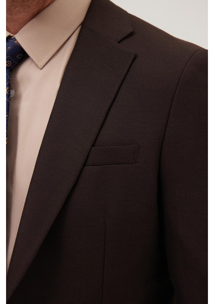 Erkek Slim Fit Mono Yaka Likralı Esnek Kumaş Kahverengi Takım Elbise