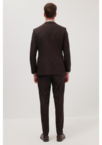 Erkek Slim Fit Mono Yaka Likralı Esnek Kumaş Kahverengi Takım Elbise