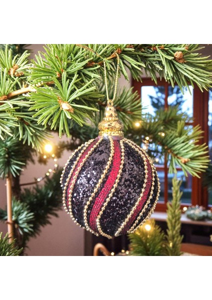 Lüks Yılbaşı Topu 8cm Altın Boncuk Şeritli Işıltılı Payetli Siyah - Bordo Çam Ağacı Süsü 3lü