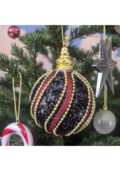 Lüks Yılbaşı Topu 8cm Altın Boncuk Şeritli Işıltılı Payetli Siyah - Bordo Çam Ağacı Süsü 3lü fiyatları