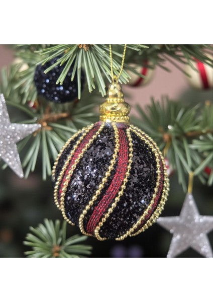 Lüks Yılbaşı Topu 8cm Altın Boncuk Şeritli Işıltılı Payetli Siyah - Bordo Çam Ağacı Süsü 3lü fırsatları