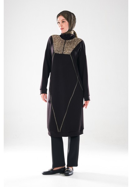 2287_Kadın Fermuarlı Dik Yakalı Uzun Kollu Tesettür Tunik Elbise - Altın Pul Payet ve Dikiş Detaylı