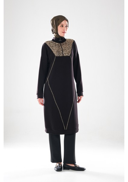 2287_Kadın Fermuarlı Dik Yakalı Uzun Kollu Tesettür Tunik Elbise - Altın Pul Payet ve Dikiş Detaylı fiyatları