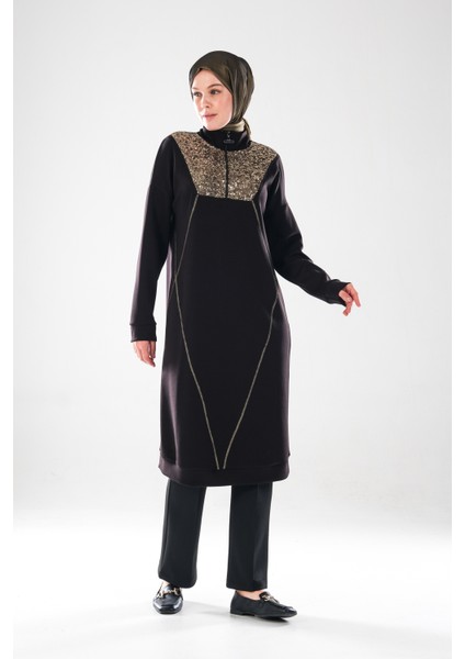 2287_Kadın Fermuarlı Dik Yakalı Uzun Kollu Tesettür Tunik Elbise - Altın Pul Payet ve Dikiş Detaylı modelleri