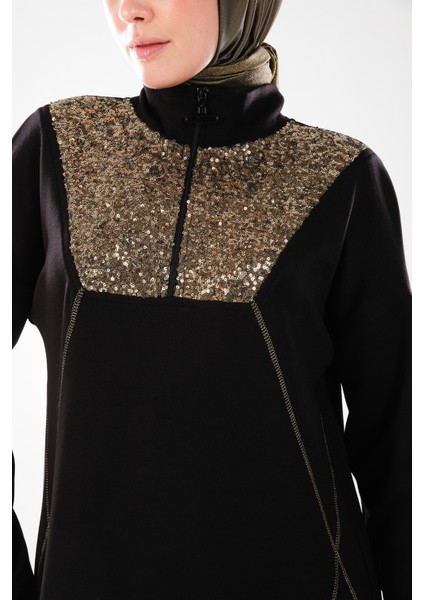 2287_Kadın Fermuarlı Dik Yakalı Uzun Kollu Tesettür Tunik Elbise - Altın Pul Payet ve Dikiş Detaylı fırsatları