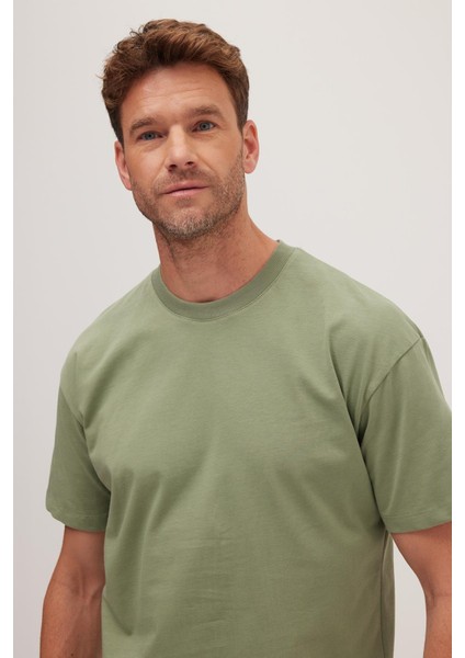 Erkek Boxy Fit Bol Kesim %100 Pamuk Bisiklet Yaka Yeşil Tişört