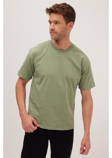 Erkek Boxy Fit Bol Kesim %100 Pamuk Bisiklet Yaka Yeşil Tişört fiyatları