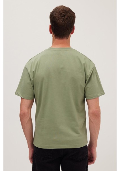 Erkek Boxy Fit Bol Kesim %100 Pamuk Bisiklet Yaka Yeşil Tişört