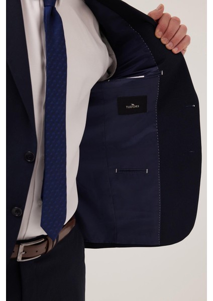 Erkek Slim Fit Mono Yaka Lacivert Takım Elbise