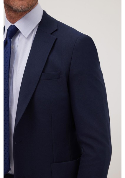 Erkek Slim Fit Mono Yaka Likralı Esnek Kumaş Lacivert Takım Elbise