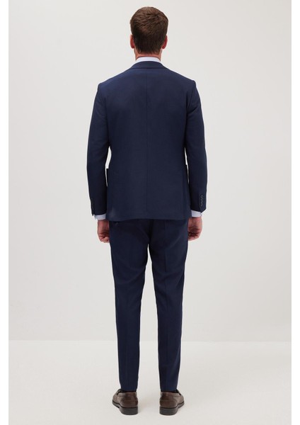 Erkek Slim Fit Mono Yaka Likralı Esnek Kumaş Lacivert Takım Elbise