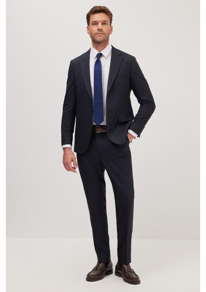 Erkek Regular Fit Esnek Likralı Kumaş Mono Yaka Kapaklı Cepli lacivert Takım Elbise