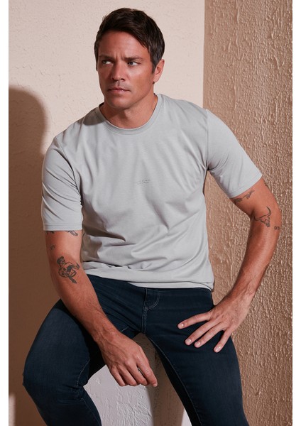 Yazı Detaylı Pamuklu Regular Fit Bisiklet Yaka T Shirt Erkek T Shirt 59020203