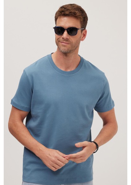 Unisex Relax Fit Rahat Kesim %100 Pamuk Yumuşak Dokulu Hafif Kalın Mavi Bisiklet Yaka Tişört
