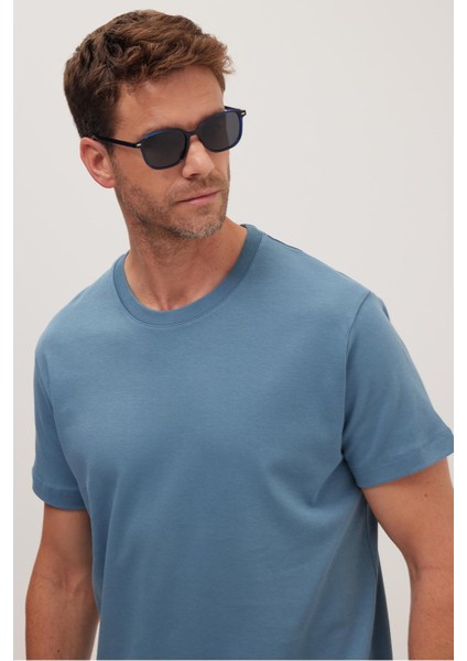 Unisex Relax Fit Rahat Kesim %100 Pamuk Yumuşak Dokulu Hafif Kalın Mavi Bisiklet Yaka Tişört fiyatları