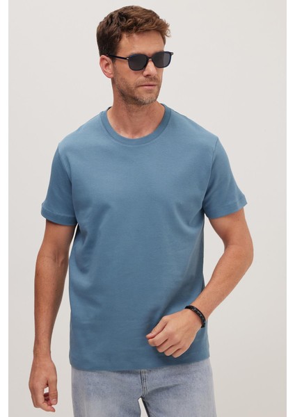 Unisex Relax Fit Rahat Kesim %100 Pamuk Yumuşak Dokulu Hafif Kalın Mavi Bisiklet Yaka Tişört fırsatları