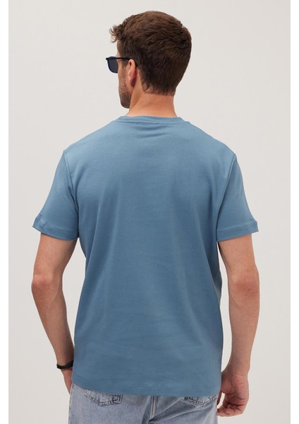 Unisex Relax Fit Rahat Kesim %100 Pamuk Yumuşak Dokulu Hafif Kalın Mavi Bisiklet Yaka Tişört