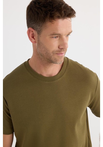 Unisex Relax Fit Rahat Kesim %100 Pamuk Yumuşak Dokulu Hafif Kalın Haki Bisiklet Yaka Tişört fiyatları