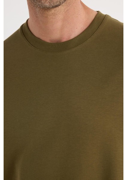 Unisex Relax Fit Rahat Kesim %100 Pamuk Yumuşak Dokulu Hafif Kalın Haki Bisiklet Yaka Tişört modelleri