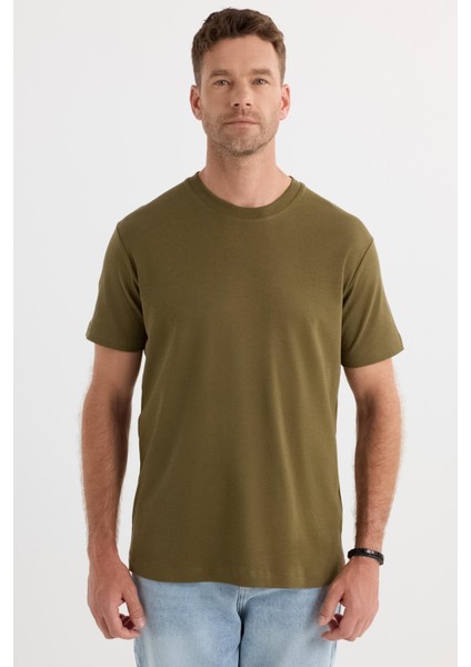 Unisex Relax Fit Rahat Kesim %100 Pamuk Yumuşak Dokulu Hafif Kalın Haki Bisiklet Yaka Tişört fırsatları