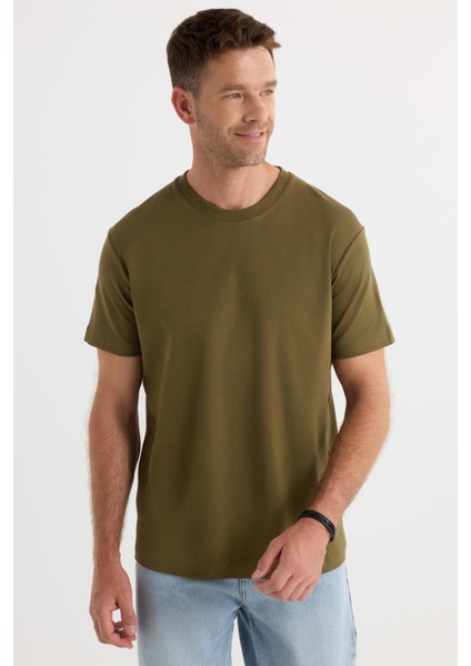 Unisex Relax Fit Rahat Kesim %100 Pamuk Yumuşak Dokulu Hafif Kalın Haki Bisiklet Yaka Tişört indirimleri