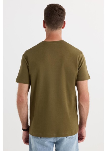 Unisex Relax Fit Rahat Kesim %100 Pamuk Yumuşak Dokulu Hafif Kalın Haki Bisiklet Yaka Tişört