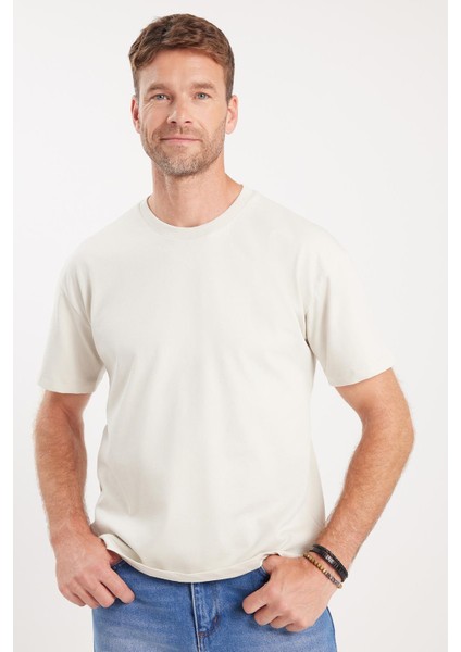 Erkek Boxy Fit Bol Kesim %100 Pamuk Bisiklet Yaka Taş Tişört