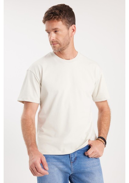 Erkek Boxy Fit Bol Kesim %100 Pamuk Bisiklet Yaka Taş Tişört fırsatları