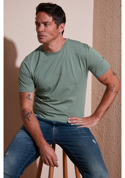 Yazı Detaylı Pamuklu Regular Fit Bisiklet Yaka T Shirt Erkek T Shirt 59020203